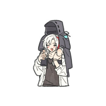 1boy 1other ^_^ ambiguous_gender arknights black_coat black_jacket black_shirt blush carrying chickenuma_0 closed_eyes coat commentary_request cropped_torso doctor_(arknights) elysium_(arknights) highres hood hood_up hooded_coat hooded_jacket jacket long_sleeves multicolored_hair one_eye_closed open_clothes open_mouth piggyback red_hair shirt shoulder_carry simple_background smile streaked_hair upper_body white_background white_hair white_jacket