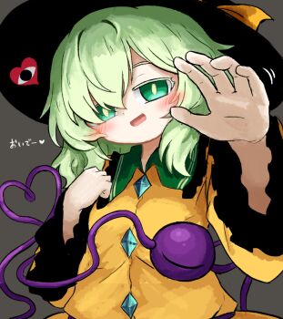 Rule 34 | 1girl, black hat, blush, breasts, buttons, collared shirt, commentary request, contrast collar, diamond button, eyeball, frilled shirt collar, frilled sleeves, frills, green eyes, green hair, grey background, hat, hat ribbon, heart, heart of string, heripantomorrow, incoming headpat, komeiji koishi, long hair, long sleeves, looking at viewer, motion lines, open mouth, ribbon, shirt, simple background, small breasts, smile, solo, third eye, touhou, translated, yellow shirt