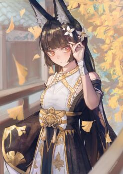 1girl animal_ear_fluff animal_ears asymmetrical_sleeves bare_shoulders black_dress black_hair closed_mouth commentary dress english_commentary falling_leaves flower fox_ears fox_girl hair_flower hair_ornament hand_up highres hoshimi_miyabi hoshimi_miyabi_(dignified_blossom) japanese_clothes leaf long_hair official_alternate_costume red_eyes rozenoroze solo two-tone_dress white_dress white_flower wide_sleeves zenless_zone_zero