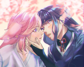 Rule 34 | 2girls, alternate costume, animal ear piercing, animal ears, blunt bangs, blurry, blush, bridal gauntlets, cherry blossoms, collarbone, commentary, couple, day, depth of field, english commentary, fox ears, fox girl, from side, genshin impact, hair between eyes, hand on another's cheek, hand on another's face, head tilt, incoming kiss, japanese clothes, kimono, leaning forward, looking at another, miko, multiple girls, noses touching, open mouth, outdoors, parted lips, pink hair, purple eyes, purple hair, purple kimono, raiden shogun, tadpoleboba, upper body, yae miko, yuri