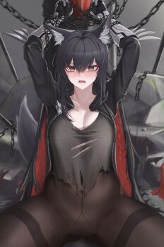 1girl absurdres animal_ears arknights arms_up black_hair black_jacket black_pantyhose black_shirt bound breasts chain cleavage cowboy_shot gauntlets gusset highres jacket long_hair looking_at_viewer lower_teeth_only medium_breasts mildt open_clothes open_jacket open_mouth pantyhose shirt solo tail teeth texas_(arknights) thighband_pantyhose torn_clothes torn_shirt wolf_ears wolf_girl wolf_tail yellow_eyes