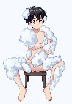 1boy black_hair closed_mouth feet full_body kemono_jihen kusaka_kabane liu_xi_ruki male_focus nude red_eyes short_hair shota sitting soap_bubbles solo thick_eyebrows white_background