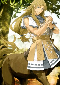 Rule 34 | 1boy, armor, blonde hair, blue eyes, blue sash, blue scarf, breastplate, centaur, chiron (fate), clenched hand, closed mouth, curtained hair, fate/grand order, fate (series), gold armor, hair tie, hands up, holding own wrist, konoe ototsugu, long hair, looking at viewer, low-tied long hair, male focus, official art, sash, scarf, sleeveless, smile, solo, taur, third-party source, toned, toned male, tree, tunic, v-shaped eyebrows, white tunic, wristband