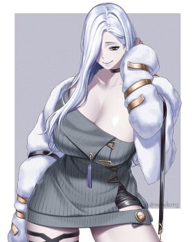 1girl bare_shoulders black_shorts blue_lips breasts choker cleavage collarbone commentary_request dress eyeliner fate/grand_order fate_(series) grey_dress hair_over_one_eye highres jacket large_breasts long_hair long_sleeves looking_at_viewer makeup mrs._snake_(fate) off_shoulder short_shorts shorts smile solo suzuki_nene sweater sweater_dress tassel thigh_strap thighs white_hair white_jacket yellow_eyes