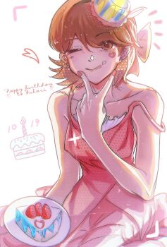 1girl alternate_costume bare_arms bare_shoulders birthday birthday_cake brown_eyes brown_hair cake collarbone commentary dated dress facial_mark flipped_hair food food_on_face fruit hair_ribbon happy_birthday hat heart heart_facial_mark highres holding holding_plate looking_at_viewer mini_hat notice_lines one_eye_closed persona persona_3 pink_dress pink_nails plate ribbon short_hair simple_background smile solo strap_slip strawberry takeba_yukari v xixiaokuma
