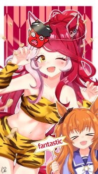 Rule 34 | > <, 2girls, ;d, absurdres, animal ears, animal print, blush, bow, bowtie, breasts, brown bow, claw pose, cleavage, club, club (weapon), commentary request, ear bow, facial mark, hair between eyes, heart, heart facial mark, heart on cheek, highres, holding, holding sign, horse ears, horse girl, horseshoe ornament, kanabou, long hair, looking at viewer, loves only you (umamusume), mamemaki, mayano top gun (umamusume), medium breasts, midriff, mole, mole on neck, multicolored hair, multiple girls, navel, one eye closed, oni costume, open mouth, pink hair, ponytail, purple serafuku, purple shirt, red hair, sailor collar, sailor shirt, school uniform, serafuku, setsubun, shirt, shorts, sign, signature, smile, strapless, tiger print, tokyo sports, tracen school uniform, tube top, two-tone hair, umamusume, weapon, white bow, white bowtie, yashimo 1875, yellow eyes, yellow shorts, yellow tube top