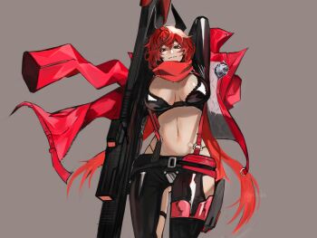 1girl absurdres anti-materiel_rifle arm_up barrett_m82a2 belt breasts bullpup cleavage commentary cowboy_shot double-parted_bangs feet_out_of_frame gluteal_fold goddess_of_victory:_nikke gun hair_between_eyes hashtag-only_commentary highres holding holding_gun holding_weapon jacket jacket_on_shoulders logicsterrr long_hair looking_at_viewer red_hair red_hood_(nikke) red_jacket red_scarf revealing_clothes rifle scarf smile sniper_rifle solo stomach very_long_hair weapon weapon_request
