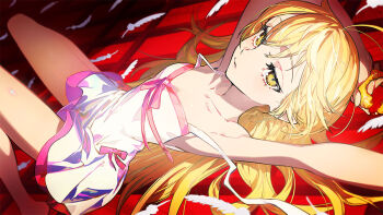 1girl ahoge armpits arms_behind_head arms_up bare_shoulders barefoot blonde_hair bow breasts collarbone dress dress_bow end_card expressionless feathers from_side hair_between_eyes hair_spread_out halter_dress halterneck holding knees_together_feet_apart knees_up long_hair looking_at_viewer looking_back looking_to_the_side lying mika_pikazo monogatari_(series) official_art on_back on_floor oshino_shinobu parted_lips pink_bow pink_trim red_background sleeveless sleeveless_dress small_breasts solo strap_slip sundress tile_floor tiles white_dress white_feathers yellow_eyes
