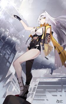 Rule 34 | 1girl, absurdres, ahoge, arm behind back, armlet, black gloves, black shorts, black thighhighs, boots, breasts, commentary request, dutch angle, fingerless gloves, floating hair, from below, full body, gloves, hair ornament, hairclip, high-waist shorts, highres, jacket, jewelry, large breasts, looking at viewer, outdoors, shorts, signature, single hair intake, single thighhigh, solo, standing, thighhighs, white boots, white hair, yellow eyes, yellow jacket, yixuan (zenless zone zero), zenless zone zero, zeroartwo