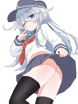 1girl anchor_symbol ass black_sailor_collar black_skirt black_thighhighs blue_eyes clothes_lift flat_ass flat_cap grey_hair hair_between_eyes hat hibiki_(kancolle) kantai_collection loli long_hair long_sleeves looking_at_viewer matu_(matu19) neckerchief no_panties one_eye_closed pleated_skirt red_neckerchief sailor_collar school_uniform serafuku simple_background skirt skirt_lift smile solo thighhighs white_background