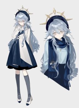 1girl beret blue_pupils commentary dress earrings eye_symbol feathered_wings genderswap genderswap_(mtf) gloves gold_earrings gold_halo grey_hair hair_between_eyes halo halo_behind_head hashtag-only_commentary hat head_wings highres honkai:_star_rail honkai_(series) jewelry long_hair long_sleeves neckerchief simple_background solo spiked_halo sunday_(honkai:_star_rail) thighhighs two-tone_dress variations white_gloves white_wings wings yellow_eyes yigenzhen26389