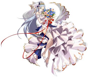 1girl bare_shoulders blue_eyes blue_flower blue_hair bouquet breasts bridal_veil bride closed_mouth come_hither detached_sleeves dress floating floating_clothes floating_hair flower full_body game_cg garter_straps hair_flower hair_ornament high_heels highres holding holding_bouquet ilucia_(langrisser) langrisser langrisser_mobile large_breasts layered_dress long_hair long_sidelocks looking_at_viewer mouth_veil nontraditional_wedding_dress official_alternate_costume official_art parted_bangs reaching reaching_towards_viewer red_ribbon ribbon rose second-party_source see-through_clothes see-through_sleeves see-through_thighhighs shoes side_slit sidelocks simple_background smile solo strapless strapless_dress tachi-e thighhighs transparent_background veil very_long_hair wedding_dress white_dress white_flower white_garter_straps white_rose white_shoes white_sleeves white_thighhighs white_veil