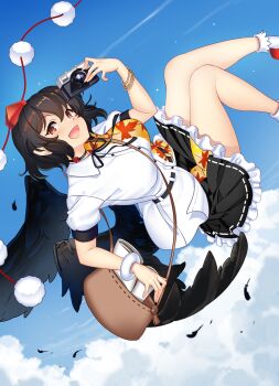 Rule 34 | 1girl, bag, bird wings, black feathers, black ribbon, black skirt, black wings, blue sky, breasts, brown bag, brown eyes, brown hair, camera, cloud, collared shirt, commentary request, day, falling feathers, feathers, frilled skirt, frills, hat, hataraki kuma, highres, holding, holding camera, large breasts, looking at viewer, neck ribbon, open mouth, outdoors, pom pom (clothes), puffy short sleeves, puffy sleeves, red hat, ribbon, ribbon-trimmed skirt, ribbon trim, shameimaru aya, shirt, short sleeves, shoulder bag, skirt, sky, smile, socks, solo, tokin hat, touhou, white shirt, white socks, wings