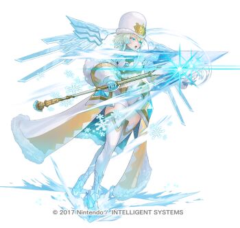 Rule 34 | 1girl, attack, blonde hair, blue eyes, breasts, brooch, cape, capelet, commentary request, copyright notice, earrings, emblem, fire emblem, fire emblem heroes, fjorm (fire emblem), fjorm (icy miracle) (fire emblem), fur-trimmed cape, fur hat, fur trim, gloves, green eyes, hat, holding, holding polearm, holding weapon, ice, ice skates, ice wings, jewelry, maeshima shigeki, medium breasts, multicolored hair, nintendo, official alternate costume, official art, open mouth, polearm, short hair, short hair with long locks, skates, snowflakes, solo, thighhighs, v-shaped eyebrows, weapon, white capelet, wings