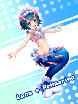 1girl absurdres blue_background blue_eyes blue_hair bluebird_(bluebird90) blush character_name commentary_request cosplay dot_nose gen_7_pokemon highres lana_(pokemon) mermaid_costume navel nintendo open_mouth pokemon pokemon_sm primarina primarina_(cosplay) solo