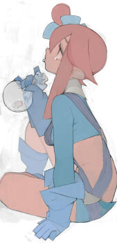 Rule 34 | 1girl, blue gloves, blue shorts, commentary, flower, gloves, hair flower, hair ornament, highres, long hair, nintendo, pokemon, pokemon bw, saliva, shorts, single tear, skyla (pokemon), solo, umezawa michiko