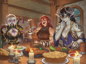 1boy 3girls abs arm_under_breasts armlet armor bare_shoulders beer_mug black_armor black_hair black_lips black_shirt blue_gem bottle bread breasts brick_wall candle candlelight candlestand cheese cleavage cleavage_cutout clothing_cutout collarbone colored_skin commentary commission commissioner_upload covered_collarbone crescent crescent_earrings cropped_shirt cup detached_sleeves dragon_girl dragon_horns dragon_tail dress drinking_glass earrings elf english_commentary face_piercing food food_bite fork gem gold_armlet grey_horns grey_nails grey_skin hair_between_eyes hairband hand_up highres holding holding_cup holding_fork horns indoors jewelry knife large_breasts lip_piercing long_hair looking_at_another looking_at_food looking_down m4rjinn mark_under_both_eyes meat medium_hair midriff mug multiple_girls muscular muscular_female open_mouth original pie piercing plate pointy_ears purple_dress purple_eyes purple_skin red_eyes red_hair rynn salad shirt shoulder_armor sidelocks sitting smile stake sword sword_on_back sword_tassel table tail tassel tavern teeth tomato tomato_slice upper_body upper_teeth_only weapon weapon_on_back weapon_tassel white_background wide_sleeves window wine_bottle wine_glass wooden_table yellow_hairband yellow_nails