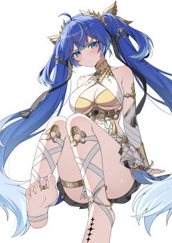 1girl a-fei_z absurdres ahoge armlet bare_shoulders barefoot black_skirt blue_eyes blue_hair blush breasts cleavage closed_mouth commentary feet gold_bra hair_belt highres iuno_(wuthering_waves) jewelry knees_together_feet_apart laurel_crown long_hair looking_at_viewer medium_breasts multicolored_hair simple_background sitting skirt solo streaked_hair tacet_mark_(wuthering_waves) thighlet thighs toe_ring toes twintails vambraces white_background wuthering_waves