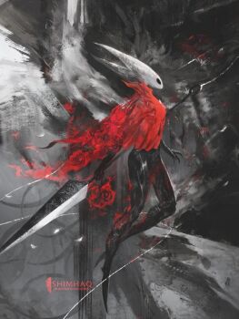 1girl arthropod_girl artist_name black_eyes black_skin cloak colored_skin commentary english_commentary flower full_body holding holding_weapon hollow_eyes hollow_knight horned_mask hornet_(hollow_knight) horns mask needle_(hollow_knight) red_cloak red_flower red_rose rose shimhaq solo thread weapon white_mask