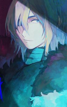 1boy armor black_armor black_fur blue_eyes breastplate closed_mouth dimitri_alexandre_blaiddyd dimitri_alexandre_blaiddyd_(timeskip) eyepatch fire_emblem fire_emblem:_three_houses hair_behind_ear hakopopo highres looking_to_the_side male_focus nintendo one_eye_covered parted_bangs sideways_glance smile solo upper_body white_fur