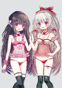 Rule 34 | 2girls, :d, arm at side, arm garter, babydoll, bare shoulders, black hair, black thighhighs, bow, bowtie, breasts, cleavage, collarbone, commentary request, detached collar, feet out of frame, floral print thighhighs, fujiwara no mokou, gradient hair, grey background, hair bow, hair intakes, hand on own hip, houraisan kaguya, leg ribbon, long hair, looking at viewer, medium breasts, multicolored hair, multiple girls, multiple hair bows, open mouth, panties, pink bow, pink wrist cuffs, print thighhighs, purple eyes, red bow, red bowtie, red panties, red ribbon, ribbon, rimei, side-tie panties, smile, standing, thigh ribbon, thighhighs, touhou, underwear, very long hair, white hair, wrist cuffs