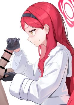 1boy 1girl bar_censor black_gloves black_hairband blue_archive caressing_testicles censored closed_mouth coat commentary diu1 erection from_side gloved_handjob glovejob gloves hair_behind_ear hairband halo handjob hetero highres layered_sleeves loli long_hair long_sleeves looking_at_another penis penis_in_glove red_hair red_halo shaded_face simple_background straight_hair sweatdrop takane_(blue_archive) testicle_grab testicles undershirt very_long_hair white_background white_coat wide_sleeves yellow_eyes