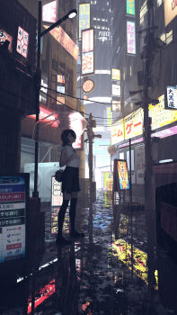 1girl absurdres black_choker black_hair black_shorts black_thighhighs building chainsaw_man choker city green_eyes hair_between_eyes hair_bun henqi highres holding holding_umbrella lamppost rain reze_(chainsaw_man) scenery shirt shorts sleeveless sleeveless_shirt solo standing thighhighs transparent transparent_umbrella umbrella utility_pole white_shirt