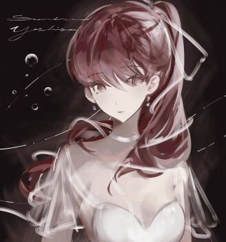 1girl arms_at_sides black_background breasts bubble character_name choker closed_mouth commentary_request detached_sleeves hair_between_eyes hair_ribbon highres k1kiwa long_hair looking_at_viewer persona persona_5 persona_5_the_royal ponytail portrait red_eyes red_hair ribbon shirt small_breasts solo white_choker white_ribbon white_shirt yoshizawa_kasumi