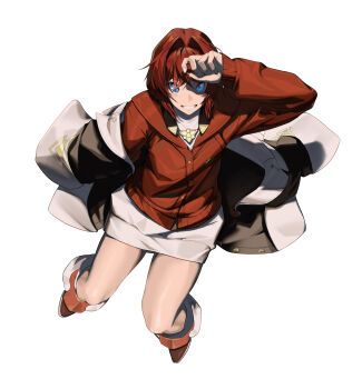 1girl absurdres ange_katrina ange_katrina_(1st_costume) arm_up black_coat blue_eyes boots cardigan coat coat_partially_removed commentary_request crossed_bangs dress eyelashes from_above full_body grin hair_intakes highres holding invisible_chair looking_at_viewer looking_up medium_hair nijisanji red_cardigan red_hair short_dress simple_background sitting sleeves_past_wrists smile solo virtual_youtuber white_background white_dress zxjv