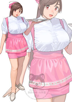 Rule 34 | 1girl, absurdres, ahoge, alternate costume, anna miller, apron, brown hair, collared shirt, cowboy shot, dress shirt, employee uniform, full body, hair ribbon, highres, kantai collection, mamiya (kancolle), multiple views, ojipon, pink apron, pink ribbon, pink skirt, red eyes, ribbon, shirt, skirt, standing, waitress, watermark, white background, white shirt