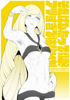 Rule 34 | 1girl, arm up, armpit hair, armpits, bikini, blonde hair, blush, breasts, commentary request, covered erect nipples, highres, long hair, looking to the side, lusamine (pokemon), mature female, nintendo, nipples, open mouth, pokemon, pokemon (anime), pokemon sm (anime), solo, standing, sweat, swimsuit, thundersharxxx