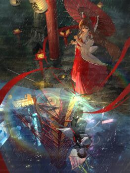 Rule 34 | 1girl, absurdres, alternate costume, ascot, bow, brown eyes, brown hair, brown pantyhose, chest sarashi, chinese commentary, commentary, detached sleeves, frilled bow, frilled hair tubes, frills, hair bow, hair tubes, hakurei reimu, highres, holding, holding umbrella, jacket, lantern, long hair, midriff, multicolored jacket, navel, open clothes, open jacket, pantyhose, paper lantern, pleated skirt, puddle, rain, red bow, red jacket, red skirt, red umbrella, reflection, ribbon-trimmed sleeves, ribbon trim, sarashi, skirt, skirt set, solo, too many watermarks, touhou, transmission tower, transparent, transparent umbrella, two-tone jacket, umbrella, watermark, white jacket, wu zhi hu de zui qiang hua zhe, yellow ascot