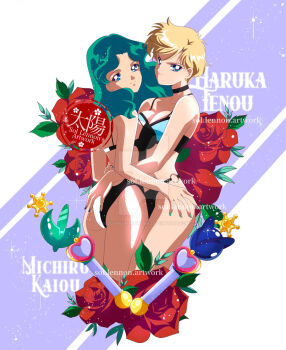 2girls ass bikini bishoujo_senshi_sailor_moon black_bikini blonde_hair blue_eyes bra breast_press breasts cleavage green_eyes hand_on_another&#039;s_ass highres kaiou_michiru legs long_hair looking_at_viewer multiple_girls nail_polish panties sailor_neptune sailor_uranus short_hair smile sollennonartwork swimsuit symmetrical_docking ten&#039;ou_haruka thighs underwear watermark yuri