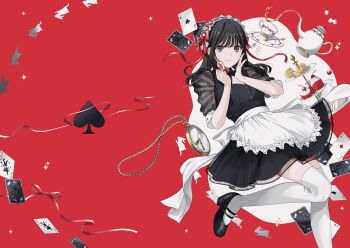 1girl alice&#039;s_adventures_in_wonderland alice_(alice_in_wonderland) analog_clock animal_ears apron artist_request black_dress black_eyes black_hair black_shoes breasts cake card cherry cleavage clock club_(shape) commission cup diamond_(shape) dress food fruit headband highres lace lace-trimmed_dress lace_trim long_hair rabbit_ears red_background red_ribbon ribbon saucer second-party_source see-through_clothes see-through_sleeves shoes solo sparkle tea teapot thighhighs white_apron white_thighhighs