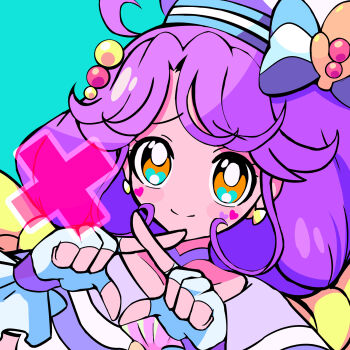 1girl ahoge aqua_background blush_stickers bow bow_earrings bright_pupils brooch choker closed_mouth collarbone commentary cure_coral curly_sidelocks dress earrings facial_mark fingerless_gloves frilled_gloves frills gloves hair_bobbles hair_bow hair_ornament hat hat_ornament heart heart_facial_mark heart_in_eye heart_on_cheek highres jewelry long_hair looking_at_viewer low_twintails magical_girl multi-tied_hair multiple_hair_bows omega_takai orange_eyes portrait precure purple_choker purple_dress purple_hair purple_sailor_collar sailor_collar sailor_hat shell_brooch shell_hat_ornament simple_background smile solo suzumura_sango symbol_in_eye tropical-rouge!_precure twintails very_long_hair white_gloves white_hat white_pupils x_(symbol) x_fingers yellow_bow