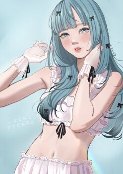 1girl aqua_background aqua_eyes aqua_hair artist_name black_bow blush bow commentary_request cropped_shirt eyelashes frilled_pants frilled_shirt frills gloves hair_bow hair_over_shoulder hands_up highres long_hair looking_at_viewer navel original pants parted_lips red_lips shirt simple_background sleeveless sleeveless_shirt solo stomach too_many_bows upper_body white_gloves white_pants white_shirt zakikoillust