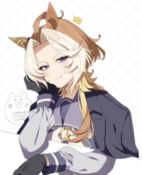 Rule 34 | ahoge, animal ears, blue coat, blue eyes, blush, bow, bowtie, closed mouth, coat, coat on shoulders, commentary request, crown, ear covers, gloves, highres, horse ears, horse girl, koroeda6, long hair, long sleeves, looking at viewer, multicolored hair, open clothes, open coat, orange hair, orfevre (umamusume), purple sailor collar, purple serafuku, purple shirt, sailor collar, sailor shirt, school uniform, serafuku, shirt, single ear cover, smile, tracen school uniform, tracen winter coat, two-tone hair, umamusume, upper body, white bow, white bowtie, white hair, winter clothes, winter coat, winter uniform