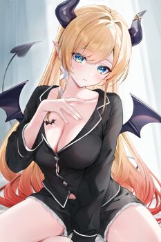 1girl alternate_costume aqua_eyes asymmetrical_sidelocks black_horns black_shorts blonde_hair blurry blurry_background breast_tattoo breasts button_gap cleavage commentary_request demon_girl demon_horns demon_tail demon_wings frilled_shorts frills gradient_hair hair_ribbon hand_up highres hololive horn_ornament horn_ring horns indoors lapels large_breasts long_hair looking_at_viewer multicolored_hair navel notched_lapels paid_reward_available pajamas parted_lips pink_hair pointy_ears ribbon short_shorts shorts sidelocks sitting solo swept_bangs tail tattoo tress_ribbon virtual_youtuber winged_heart winged_heart_tattoo wings yuki_haru yuzuki_choco