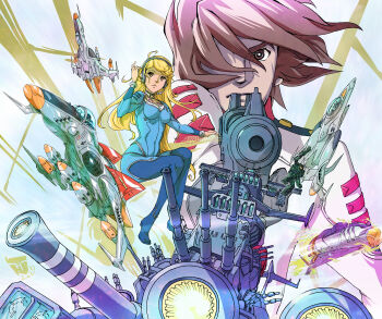 Rule 34 | 1boy, 1girl, absurdres, aircraft, airplane, battleship, blonde hair, blue background, blue bodysuit, bodysuit, brown eyes, brown hair, closed mouth, cosmo falcon, cosmo tiger, cosmo zero, energy cannon, energy gun, fighter jet, fire, firing, glowing, glowing weapon, gradient background, hair between eyes, hair over eyes, headphones, highres, holding, holding weapon, imperial japanese navy, jacket, kodai susumu, kujira gunsou, leggings, long hair, long sleeves, military, military uniform, military vehicle, mori yuki, red streaks, science fiction, ship, ship turret, shoulder strap, sitting, spacecraft, spacecraft turret, spiked hair, uchuu senkan yamato, uchuu senkan yamato 2199, uchuu senkan yamato 2205: arata naru tabidachi, uchuu senkan yamato rebel3199, vehicle focus, warship, watercraft, wave motion gun, weapon, white bodysuit, white jacket, yamato (uchuu senkan yamato)