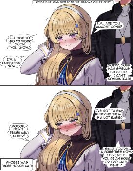 1boy 1girl 2na_(blue2na) absurdres black_jacket blonde_hair blush breasts closed_mouth collared_jacket commentary embarrassed english_commentary english_text flying_sweatdrops grey_shirt hair_ornament hairband hand_up highres jacket long_hair long_sleeves male_rover_(wuthering_waves) medium_breasts no_headwear phoebe_(wuthering_waves) purple_eyes rover_(wuthering_waves) shirt white_background white_hairband white_shirt wuthering_waves x_hair_ornament