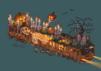 Rule 34 | 1boy, 2025, 6+others, abandoned, absurdres, bare tree, blue background, candle, commentary request, dilapidated, fire, grass, halloween, highres, jack-o'-lantern, multiple others, original, overgrown, post-apocalypse, rust, signature, simple background, skeleton, tokyogenso, tombstone, train, tree