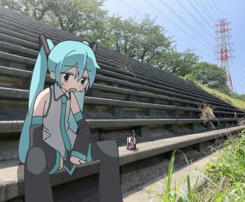 1girl alcohol_carton aqua_hair aqua_necktie auhuheben17 bare_shoulders black_eyes black_skirt black_thighhighs blue_sky blush collared_shirt day detached_sleeves drinking_straw hatsune_miku highres necktie open_mouth outdoors photo_background plant power_lines shirt sitting skirt sky solo sweat thighhighs tree twintails vocaloid