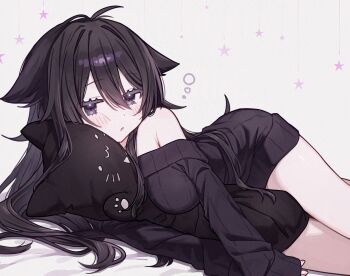 Rule 34 | 1girl, ahoge, armpit crease, bare shoulders, black eyes, black hair, breasts, closed mouth, commentary, commission, double-parted bangs, hair between eyes, hair flaps, highres, hugging doll, hugging object, large breasts, long hair, long sleeves, looking at viewer, lying, namin (namin star), on side, original, skeb commission, solo, star (symbol), stuffed animal, stuffed cat, stuffed toy, white background