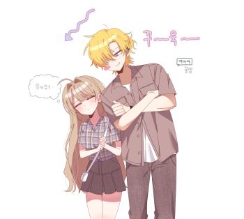 1boy 1girl black_skirt blonde_hair blue_eyes brown_pants brown_shirt crossed_arms degrees_of_lewdity earrings grey_hair hair_intakes hair_over_one_eye highres jewelry lilie_(s2xllj) long_hair pants plaid_clothes plaid_shirt player_character_(degrees_of_lewdity) player_character_(female)_(degrees_of_lewdity) s2xllj shirt short_sleeves simple_background skirt speech_bubble thought_bubble translation_request white_background whitney_(degrees_of_lewdity) whitney_(male)_(degrees_of_lewdity)