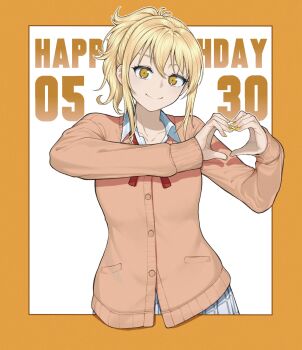 1girl absurdres blonde_hair border brown_cardigan cardigan closed_mouth collarbone collared_shirt commentary dated dress_shirt english_commentary happy_birthday heart heart_hands highres long_sleeves looking_at_viewer love_live! love_live!_nijigasaki_high_school_idol_club mayo_e medium_hair miyashita_ai neck_ribbon nijigasaki_school_uniform open_collar orange_border outside_border plaid_clothes plaid_skirt pleated_skirt ponytail red_ribbon ribbon school_uniform shirt sidelocks skirt smile solo split_mouth text_background white_background white_shirt white_skirt winter_uniform yellow_eyes yellow_nails
