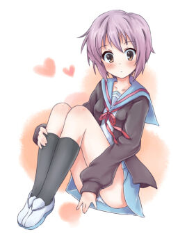 Rule 34 | 1girl, bad id, bad pixiv id, blush, brown eyes, cardigan, female focus, fine (artist), grey hair, heart, nagato yuki, panties, pantyshot, purple hair, school uniform, serafuku, shoes, short hair, sitting, solo, suzumiya haruhi no yuuutsu, underwear, uwabaki