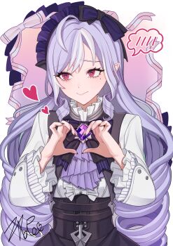 1girl absurdres ascot black_nails bow bowtie breast_curtains breasts center_frills closed_mouth commentary_request drill_hair drill_sidelocks fingernails frills gem hairband heart heart_hands highres long_hair looking_to_the_side medium_breasts mole mole_under_eye pointy_ears purple_ascot purple_background purple_bow purple_bowtie purple_gem purple_hair purple_hairband red_eyes shrug_(clothing) sidelocks signature solo spoken_blush upper_body vivian_banshee white_background white_shrug zabu_rou zenless_zone_zero