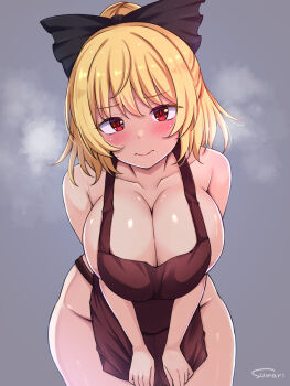 1girl black_bow blonde_hair blush bow breasts brown_tabard cleavage closed_mouth collarbone commentary_request grey_background groin hair_bow highres huge_breasts kurodani_yamame large_breasts leaning_forward looking_at_viewer naked_tabard red_eyes short_hair signature smile solo sumari tabard touhou
