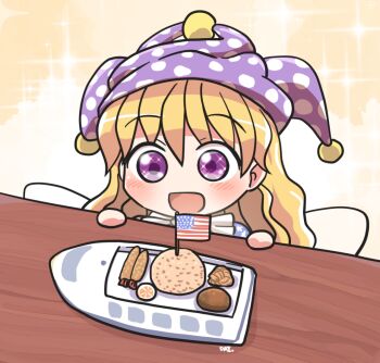Rule 34 | 1girl, :d, american flag, blonde hair, blush, clownpiece, commentary request, fairy wings, food, hamburger steak, hands on table, hat, jester cap, long hair, looking at food, mini flag, neck ruff, okosama lunch, open mouth, pink eyes, polka dot headwear, purple hat, rice, rokugou daisuke, shrimp, shrimp tempura, signature, smile, solo, sparkling eyes, tempura, touhou, wings