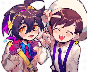 2boys ^_^ ahoge black_hair blueberry_academy_school_uniform brown_hair closed_eyes colored_inner_hair commentary_request crossed_bangs double_v florian_(pokemon) flying_sweatdrops gloves hair_between_eyes hairband hat jacket kieran_(pokemon) long_sleeves male_focus mole mole_on_neck multicolored_hair multiple_boys necktie nintendo open_mouth partially_fingerless_gloves pokemon pokemon_sv purple_hair purple_necktie purple_suspenders red_gloves repikinoko school_uniform single_glove sparkle suspenders teeth two-tone_hair upper_teeth_only uva_academy_school_uniform v white_background white_hat white_jacket yellow_eyes yellow_hairband